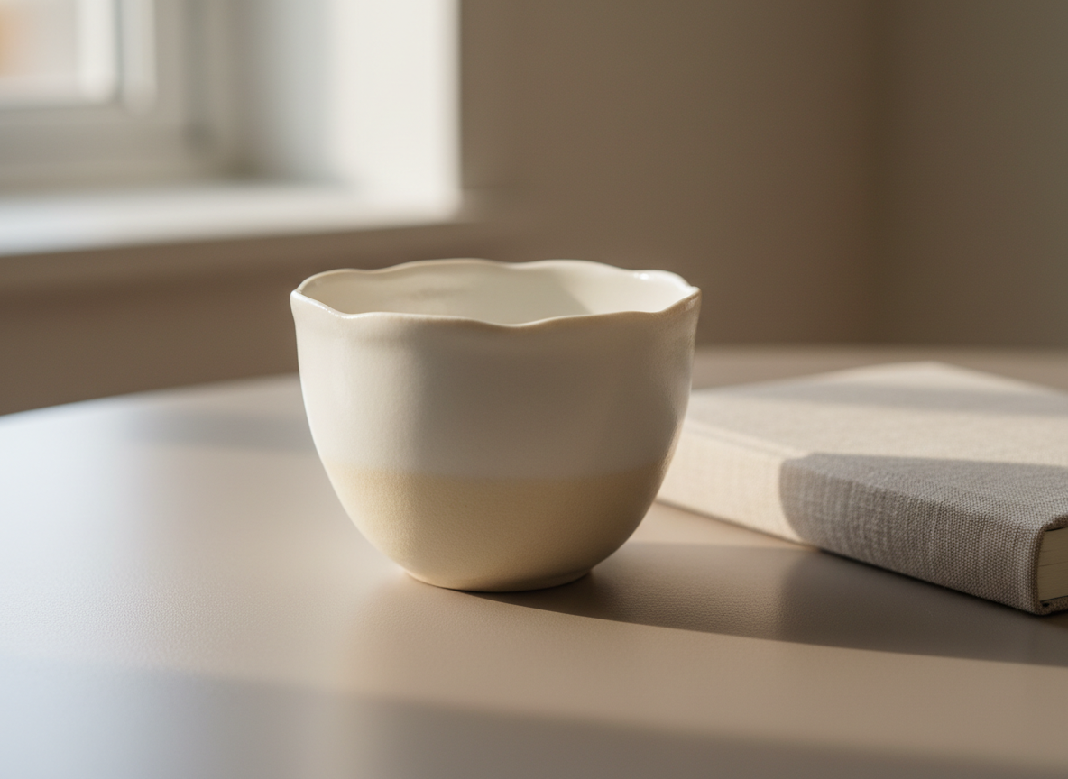 An elegant, matte porcelain teacup with a subtle off-white gradient, set atop a smooth, muted taupe table. Delicate reflections appear on the soft glaze, with a faint, wavy rim adding handcrafted sophistication. The cup rests near a closed, linen-bound journal, both illuminated by gentle diffuse morning light from a nearby window. Subtle highlights and soft-edged shadows create an inviting calm. The composition uses a centered, eye-level perspective with shallow depth of field, enhancing the serene sense of focus. The overall mood is tranquil and refined. Photographic realism with minimalist, sophisticated detailing, perfectly embodying quiet moments of introspection for wellness blogging.